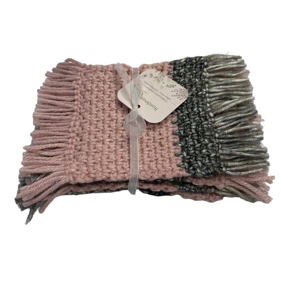 Mug Rugs Coasters Handmade Crochet Pink Gray Fringe Felt Back Set of 4 - Picture 2 of 11